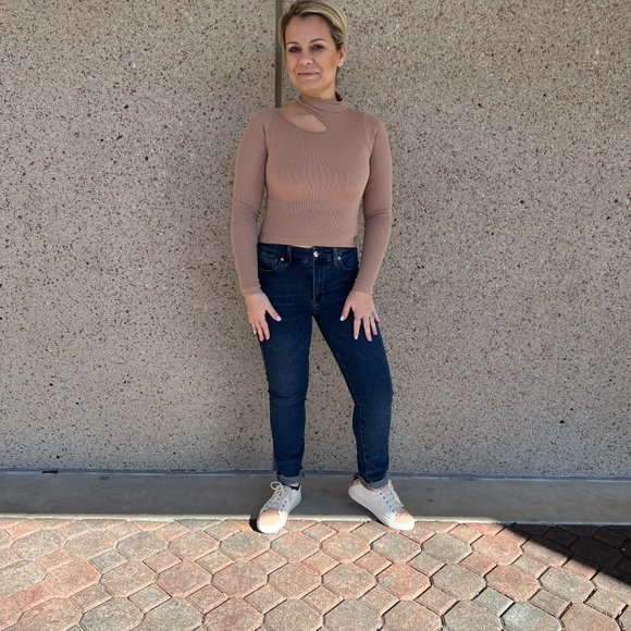 RIBBED CUT OUT LONG SLEEVE MOCKNECK- NUDE - Picture 2 of 8